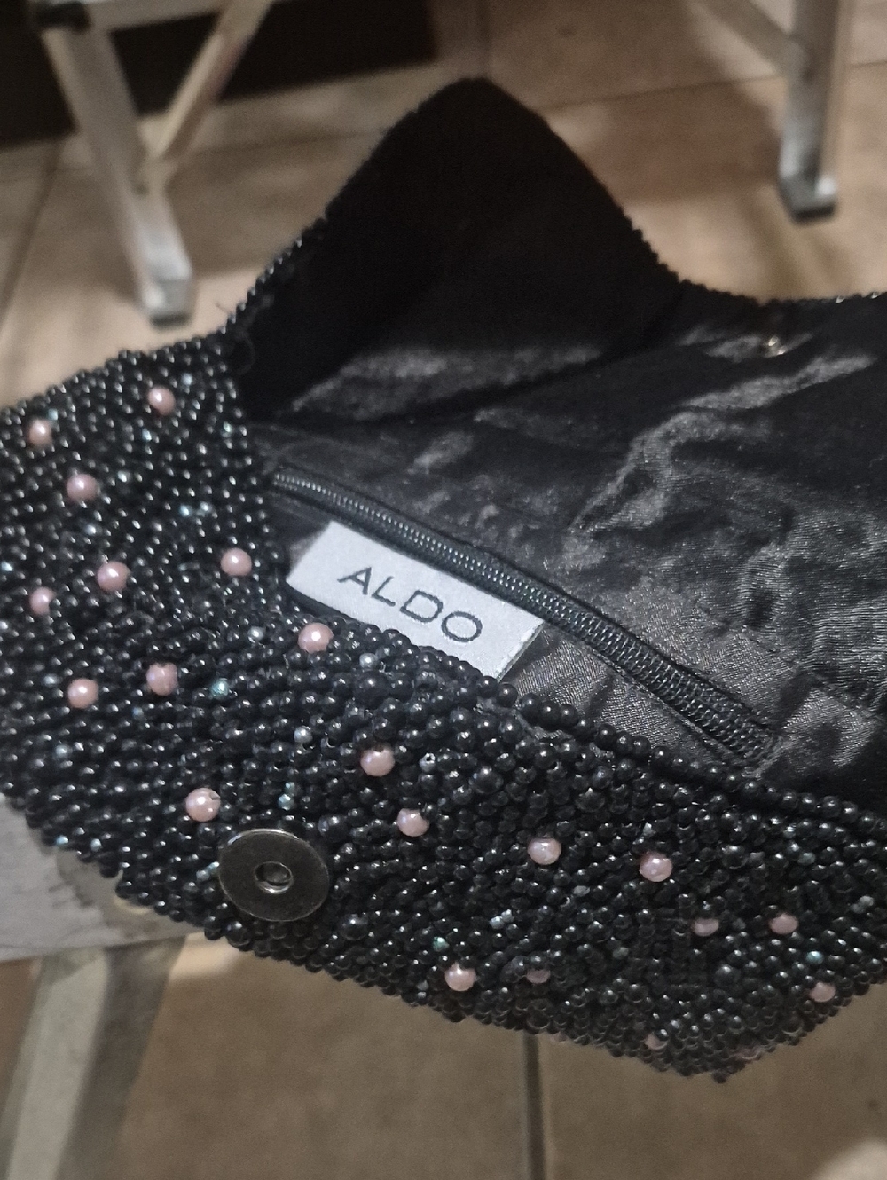 Aldo Black Beaded Clutch with Pink Accent Pearls